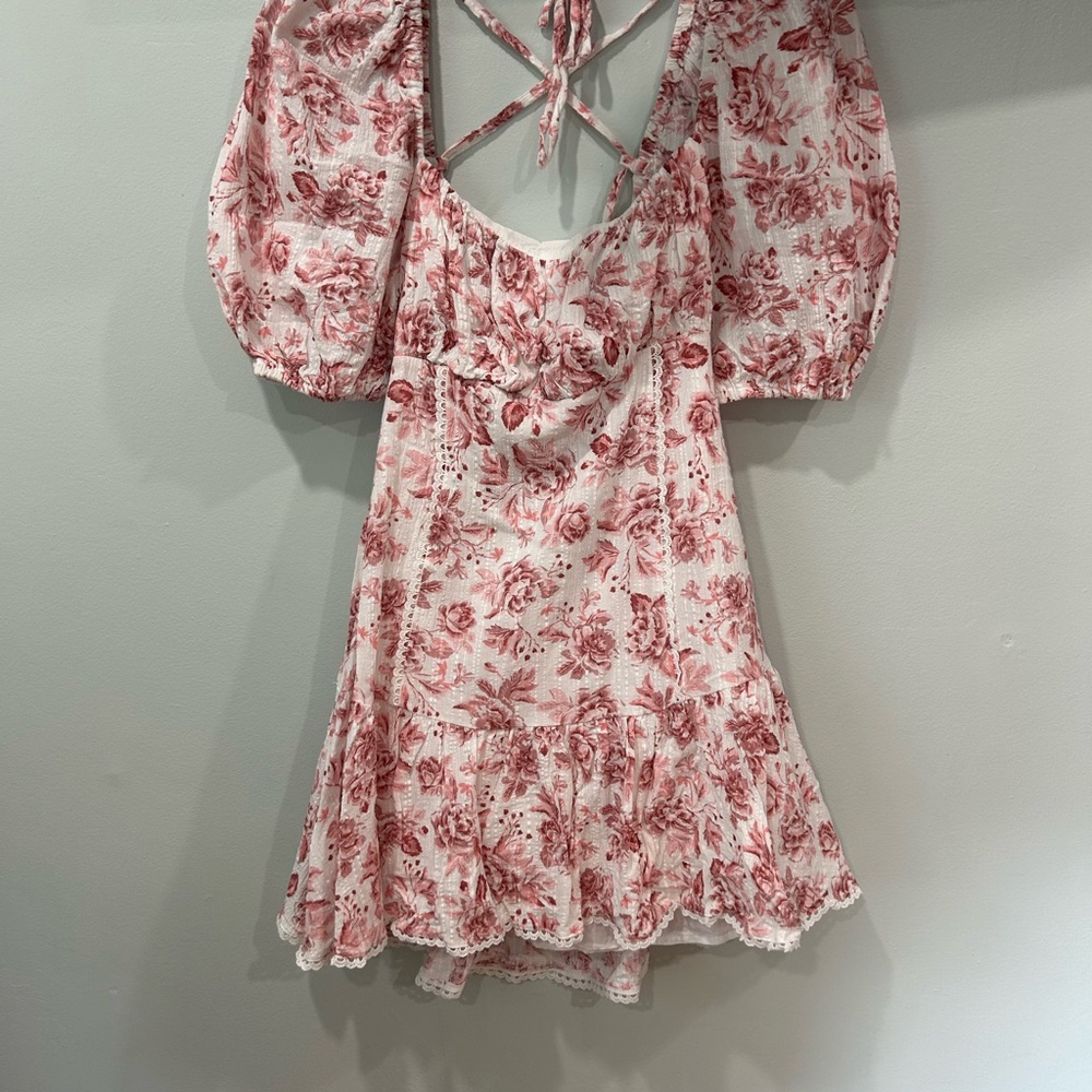 MinkPink Floral Puff Sleeve Dress with Open Back